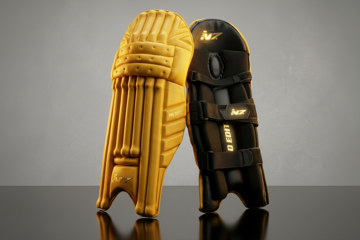 Yellow cricket bat and black protective pad on a dark background